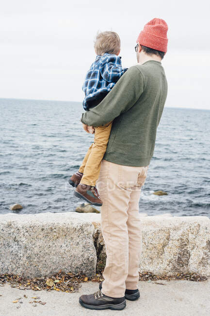Father holding son beside lake, rear view — Stock Photo