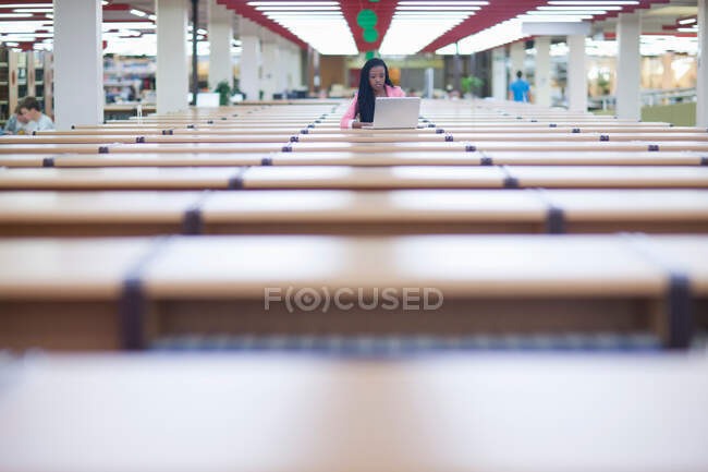 Estudiante femenina estudiando en la biblioteca - foto de stock