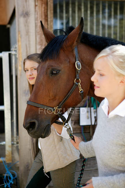 Две молодые женщины, ведущие лошадь — стоковое фото