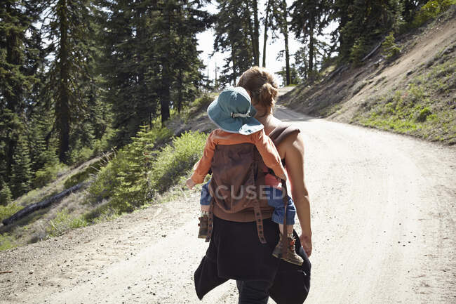 Visão traseira da mãe carregando criança no portador do bebê — Fotografia de Stock
