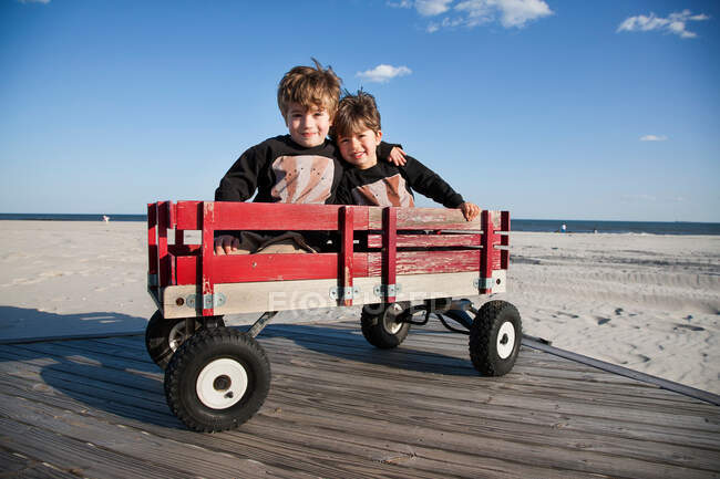 Two brothers in cart on beach with arms around each other — Stock Photo