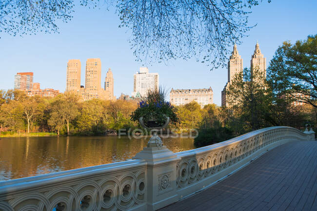 Vista del lago desde el puente de proa, Central Park, Nueva York, Estados Unidos - foto de stock