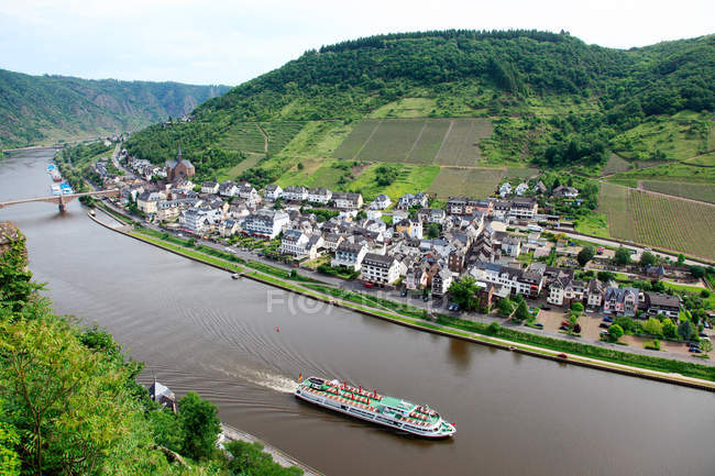 Aerial view of tour boat on the rhine — Stock Photo