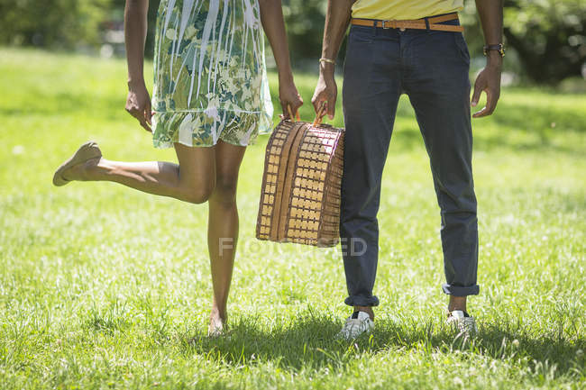 Imagen recortada de pareja joven con cesta de picnic en el parque - foto de stock