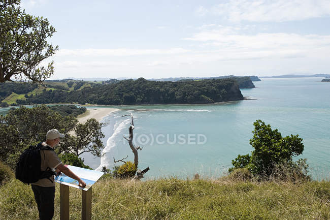 Mann schaut auf Karte des Nationalparks Wendeholm, Neuseeland — Stockfoto