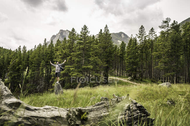 Mature man carrying backpack standing on boulder arms raised, Red Lodge, Montana, USA — Stock Photo