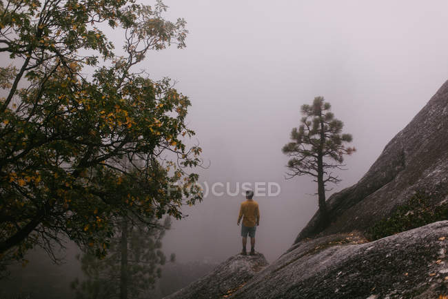 Young man standing on rock, looking at view, elevated view, near Shaver Lake, California, USA — Stock Photo