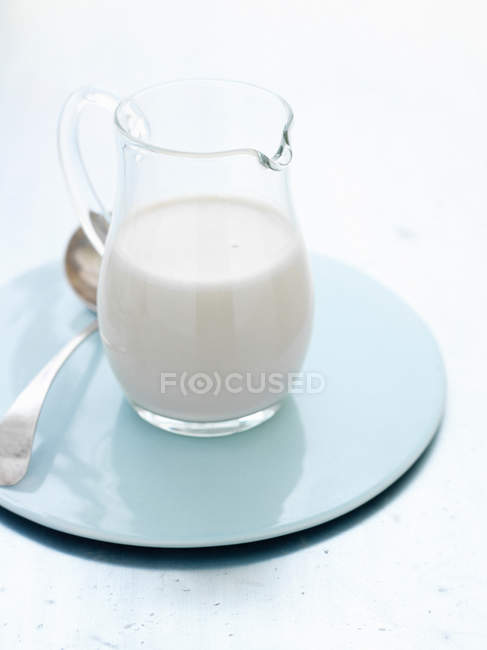 Primo piano colpo di brocca di latte su piatto — Foto stock