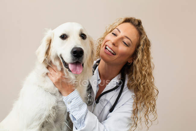 Veterinarian petting dog in office — Stock Photo