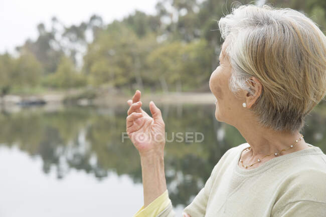 Пожилая женщина у озера, вид сзади — стоковое фото