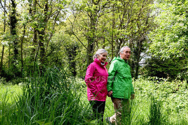 Älteres Paar geht im Wald spazieren — Stockfoto