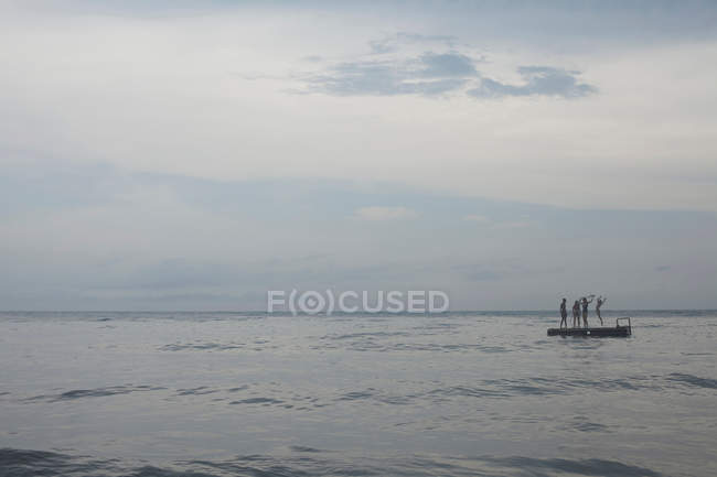 Друзі грають на плавучому причалі в озері — стокове фото