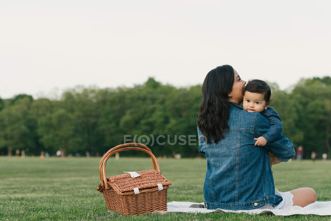 Vista posteriore della madre seduta vicino al cestino da picnic che tiene in braccio il bambino — Foto stock