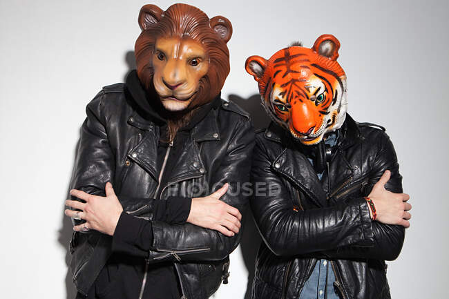 People wearing lion and tiger masks at party — Stock Photo