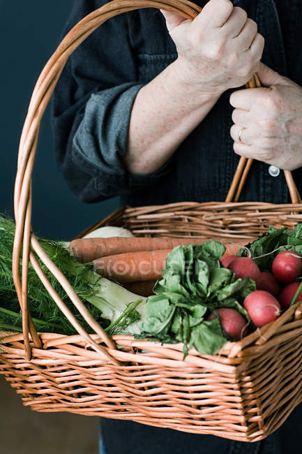 Imagen recortada de persona con cesta de verduras - foto de stock