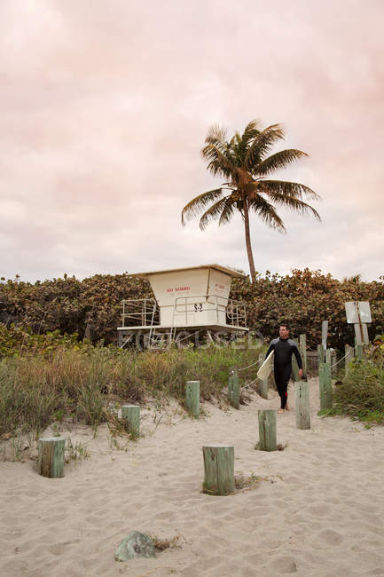 Salvavidas masculinos caminando por la playa con tabla de surf - foto de stock