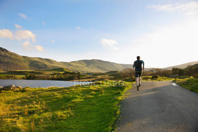 Rear view of man running on rural road — Stock Photo