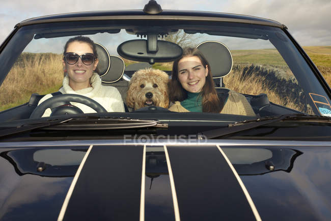 Mujeres y perros conduciendo en el paisaje rural - foto de stock