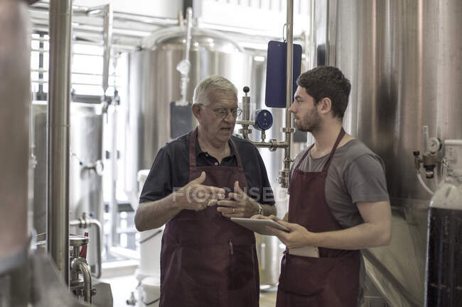 Brewers in brewery standing next to stainless steel tanks — Stock Photo