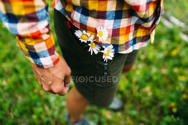 Vue en angle élevé d'un homme adulte portant une chemise à carreaux avec des marguerites dans une poche pour shorts, lac Moraine, parc national Banff, Alberta Canada — Photo de stock