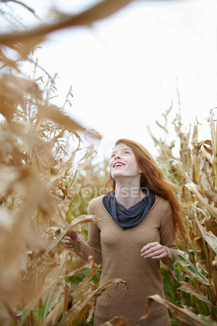 Adolescente marche dans le champ de maïs, mise au point sélective — Photo de stock