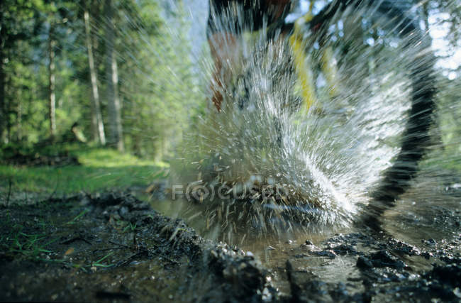 Cropped image of person cycling through a puddle — Stock Photo