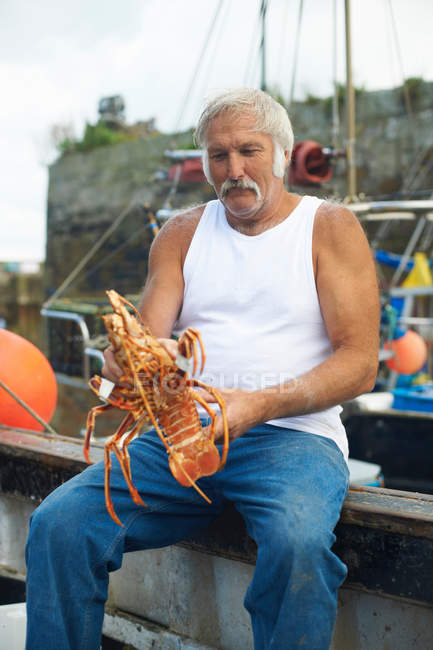 Pescador sosteniendo langosta en barco - foto de stock