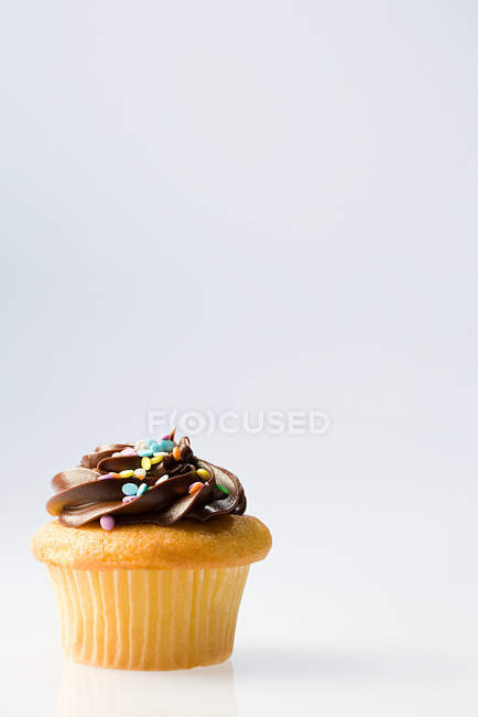 Cupcake decorado com creme de chocolate e polvilhas — Fotografia de Stock