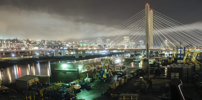 Paisaje urbano de Tacoma Narrows bridge and the Narrows por la noche, Tacoma, Washington, EE.UU. - foto de stock