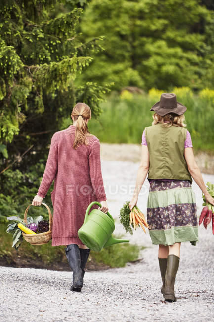 Visão traseira de duas mulheres que transportam legumes — Fotografia de Stock