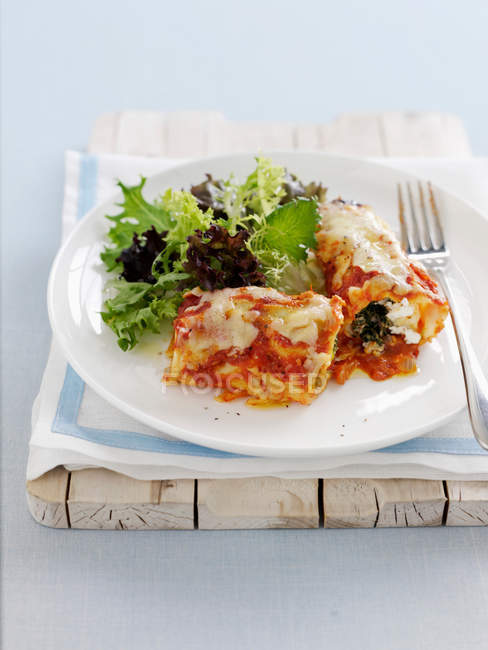Cannelloni al forno con insalata sul piatto — Foto stock