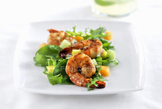 Close up shot of shrimp salad on white plate — Stock Photo