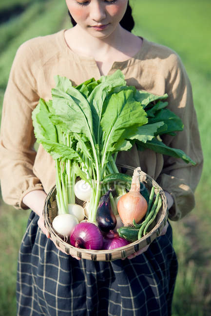 Молода жінка в полі тримає кошик з домашніми овочами — стокове фото