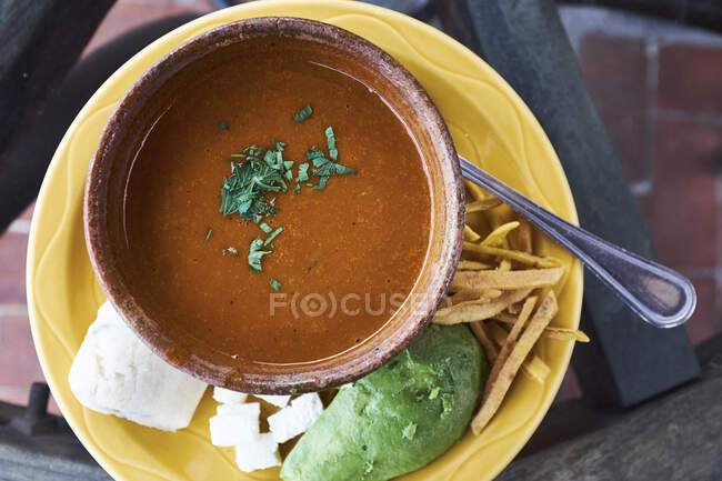 Vista aérea del tazón de sopa fresca con guarnición de hierbas, Antigua, Guatemala - foto de stock
