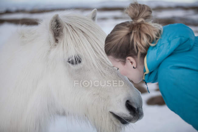 Жінка цілуватися білому коні в снігу — стокове фото