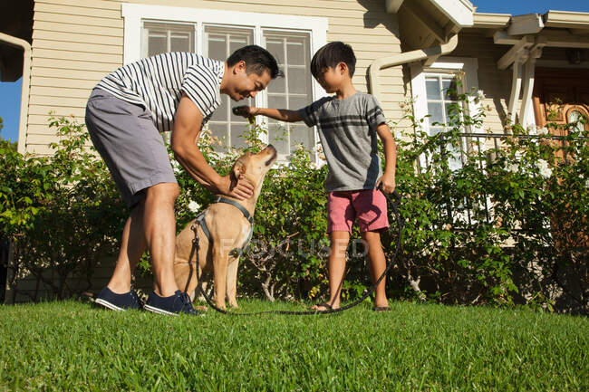 Padre e hijo acariciando perro en jardín - foto de stock