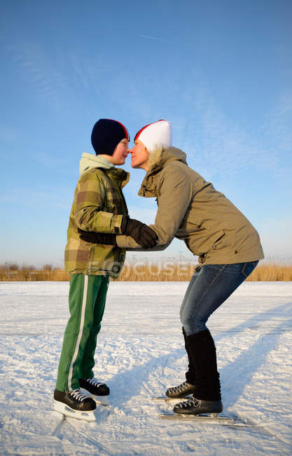 Madre e hijo tocando narices en el hielo - foto de stock