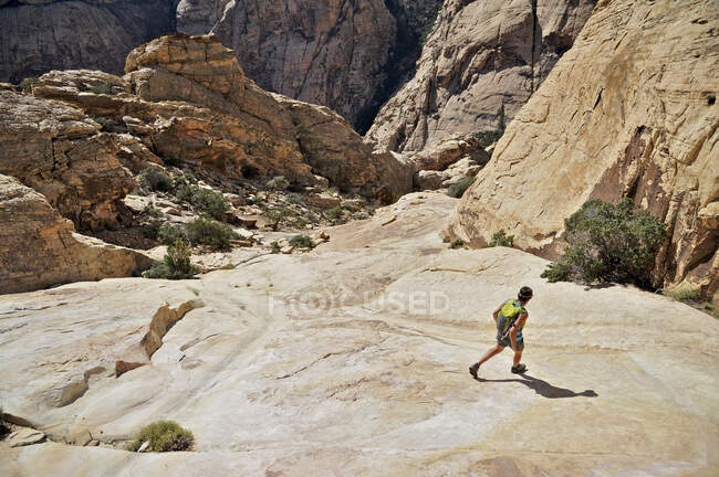 Jeune randonneuse pédestre sur roche, Mount Wilson, Nevada, USA — Photo de stock