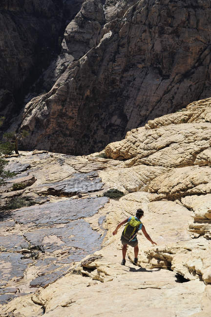 Rückansicht einer jungen Bergsteigerin, die den Felsen hinunterklettert, Mount Wilson, Nevada, USA — Stockfoto