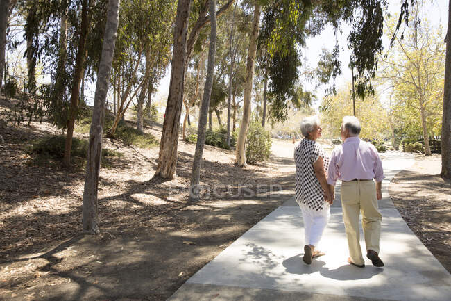 Couple sénior marchant main dans la main, à l'extérieur, vue arrière — Photo de stock