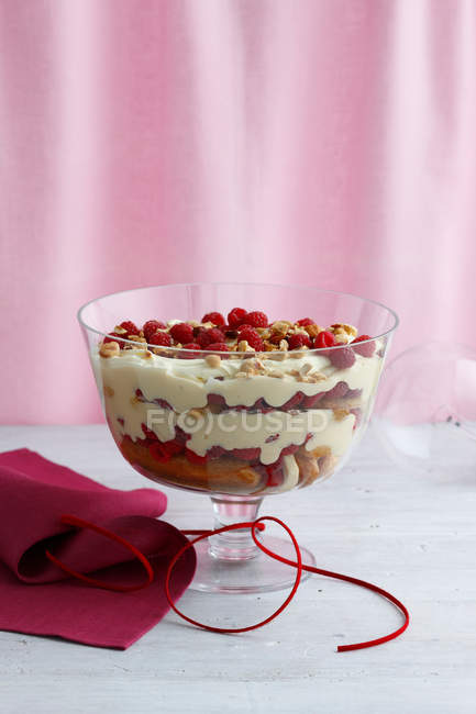 Bowl of parfait with raspberries — Stock Photo