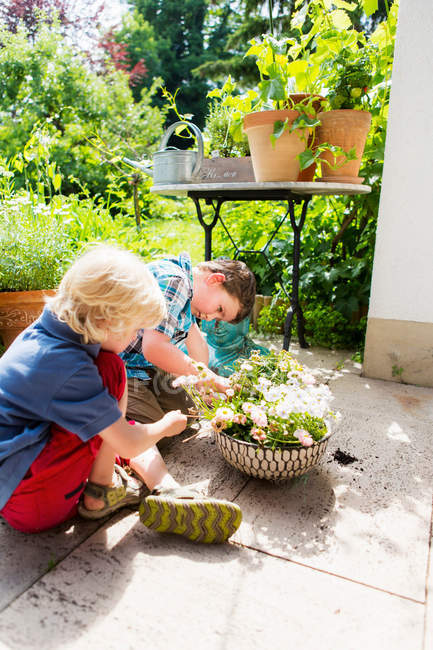 Garçons plantant des fleurs à l'extérieur — Photo de stock
