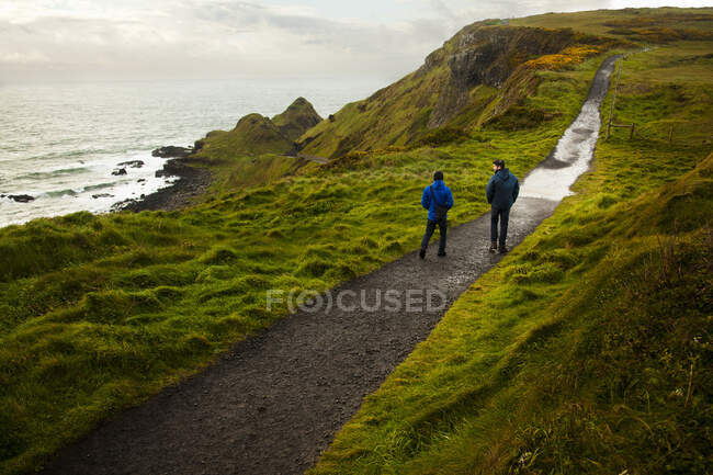 Два пешехода на тропинке, Гигантский Козуэй, Бушмилз, графство Антрим, Северная Ирландия — стоковое фото