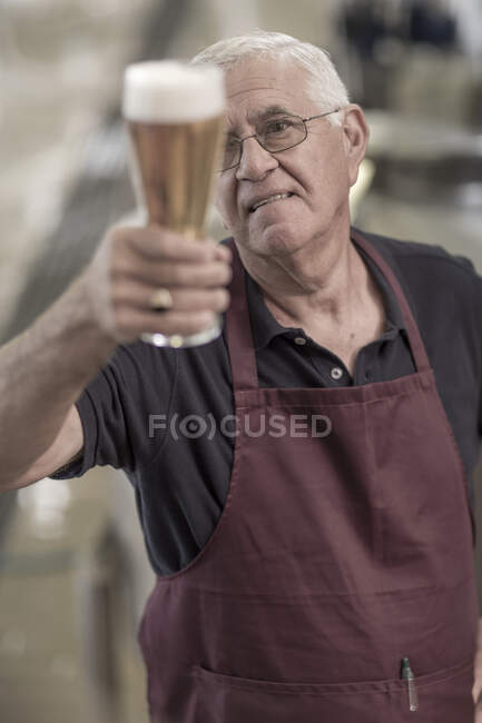 Brewer in brewery holding up a glass of beer — Stock Photo