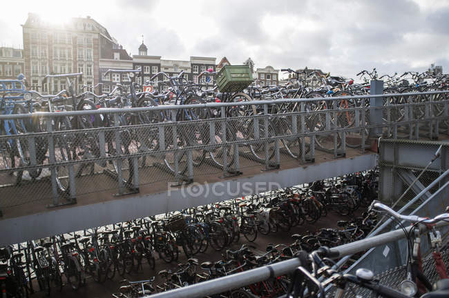 Bicicletas estacionadas en la acera de la ciudad - foto de stock