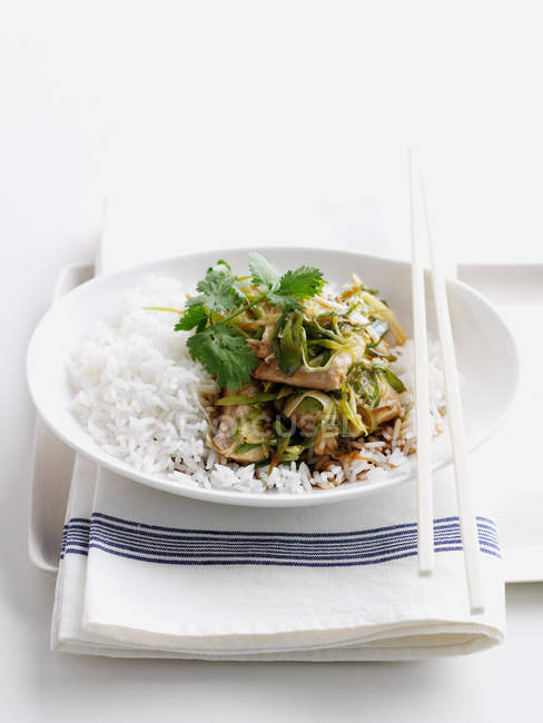 Bowl of fish with herbs and rice — Stock Photo
