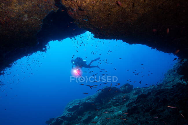 Plongeur encadré par caverne. — Photo de stock