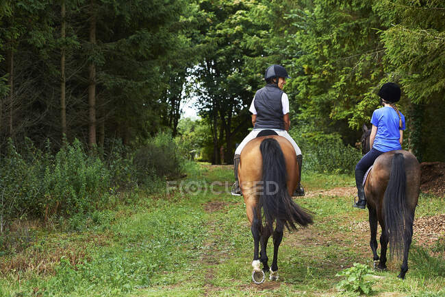 Visão traseira da mulher madura e menina equitação — Fotografia de Stock