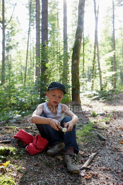 Niño jugando con la madera en el bosque - foto de stock