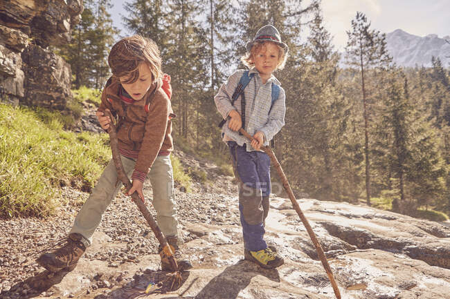 Deux jeunes garçons, tenant des bâtons, explorant la forêt — Photo de stock